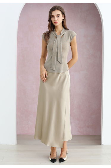 Ribbon-Tied Neckline Cap Sleeve Knit Top in Linen