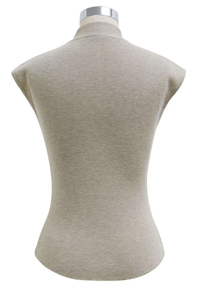 Ribbon-Tied Neckline Cap Sleeve Knit Top in Linen - 10