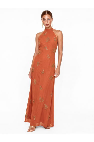Maya Burnt Orange Embellished Halter Neck & Open Back Maxi Dress