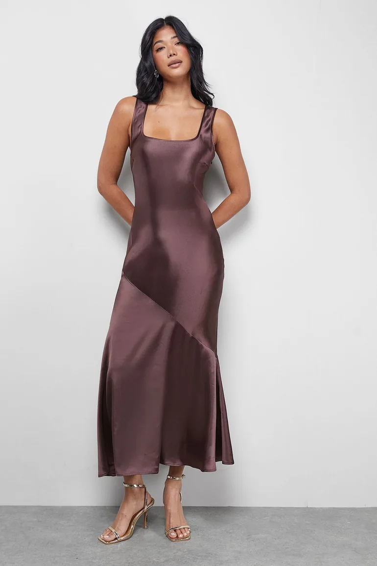 Satin Scoop Neck Bias Midi Slip Dress
