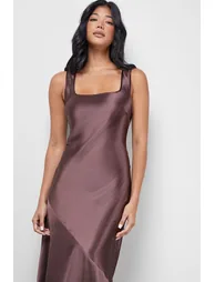Satin Scoop Neck Bias Midi Slip Dress - 1