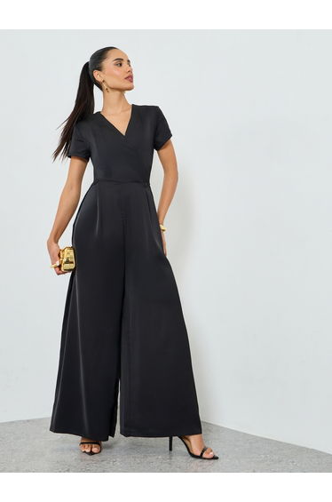 Black Short Sleeves Wide Leg Wrap Jumpsuits