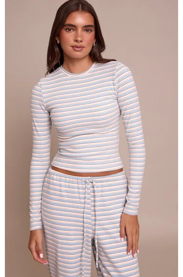 Light Blue Striped Soft Fleece Long Sleeve Top