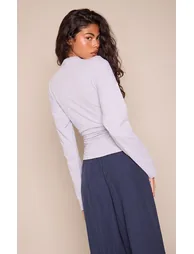 Grey Cotton Shoulder Detail Ruched Long Sleeve T-Shirt - 1