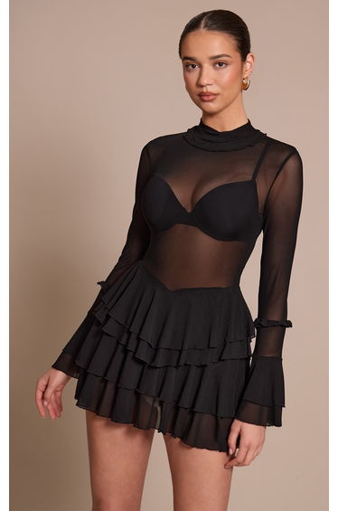 Black Mesh Frill Detail Smock Dress
