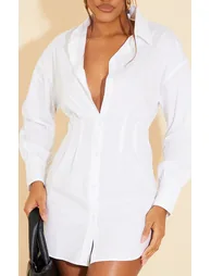 Recycled White Fitted Waist Long Sleeve Button Shirt Dress - 3