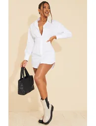 Recycled White Fitted Waist Long Sleeve Button Shirt Dress
