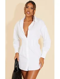 Recycled White Fitted Waist Long Sleeve Button Shirt Dress - 1