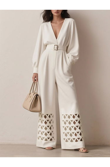 Long Sleeves Puff Sleeves Belted Hollow Solid Color Deep V-Neck Jumpsuits
