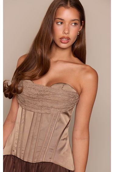 Mushroom Lace Satin Curved Hem Corset