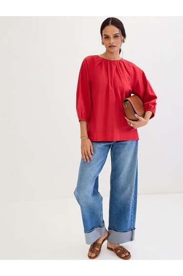 Red Poplin Back Tie-Up Top