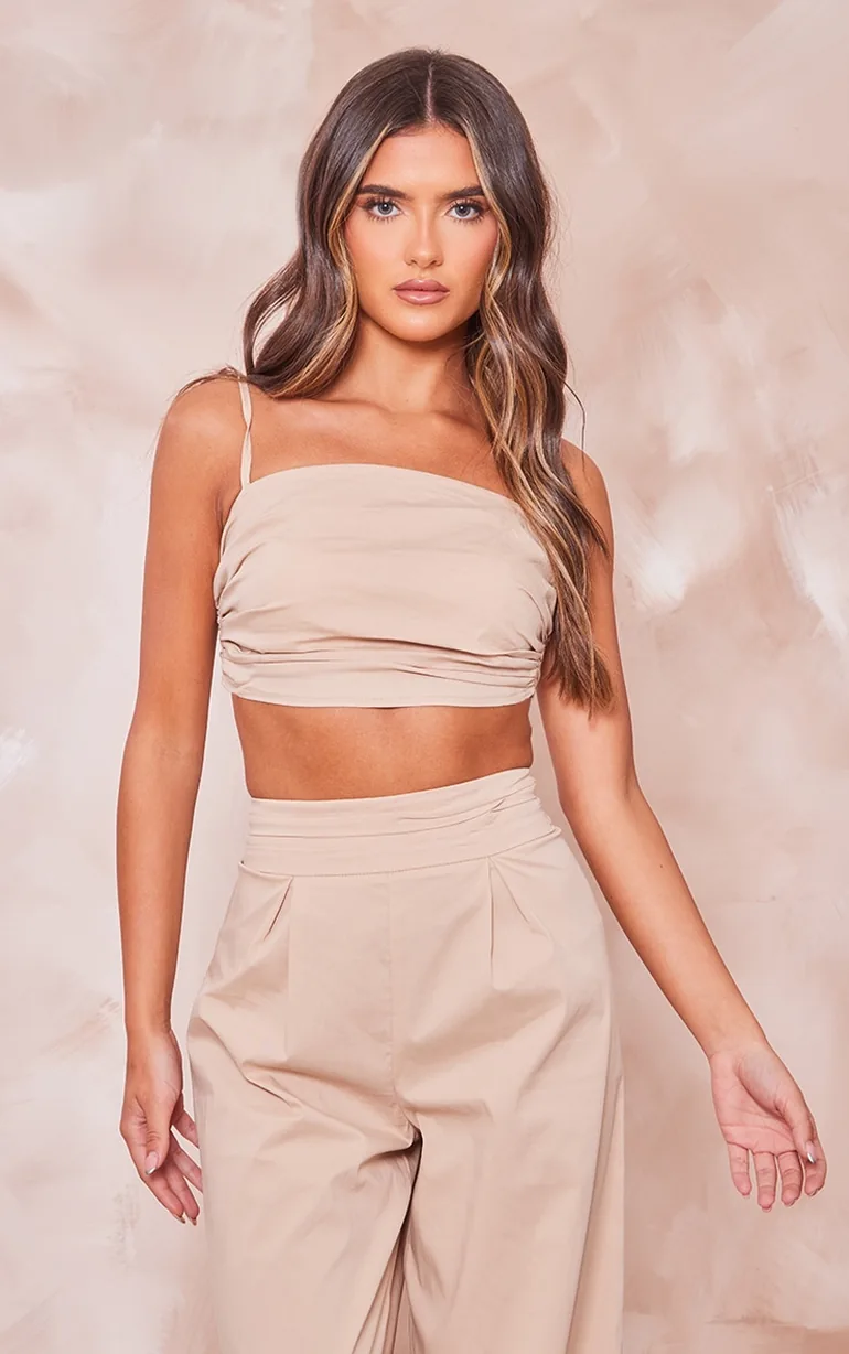 Stone Ruched Tied Strap Crop Top