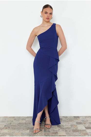 Saks Flounced Single Sleeve Long Evening Dress