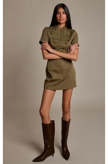 Khaki Tailored Military Detail Short Sleeve Bodycon Dress