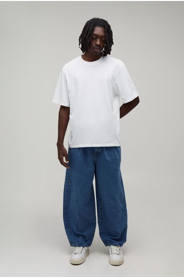 Pleat Front Barrel Leg Jeans - mid blue