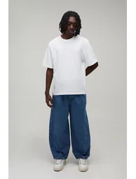 Pleat Front Barrel Leg Jeans - mid blue
