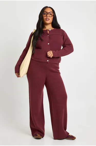 Plus Crew Neck Button Down Ballon Sleeve Cardigan And Wid Leg Trouser Co Ord - black