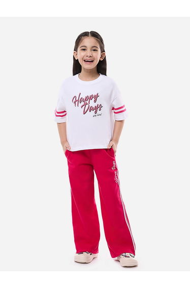 Slogan Print Knit Crop Top and Wide-Leg Pants Set
