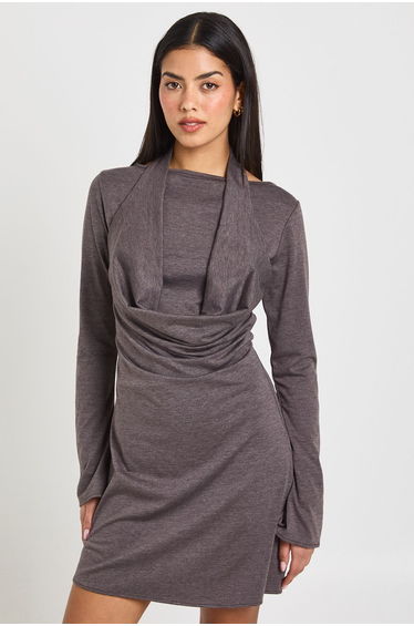 Marl Halterneck Cowl Long Sleeve Mini Dress - chocolate