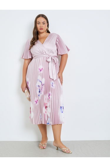 Plus Size Floral Pleated Wrap Midi Dress