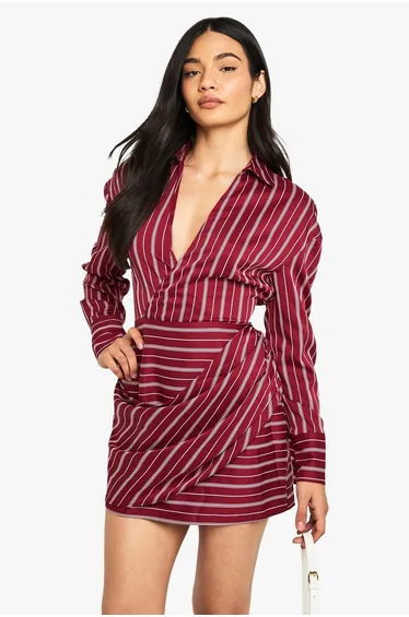 Stripe Wrap Shirt Dress - red