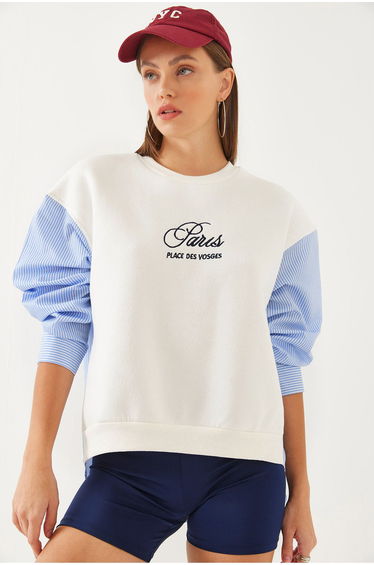 Women's Crew Neck Shirt Sleeve Garnish 3 Thread Inside Raised Embroidered Sweatshirt