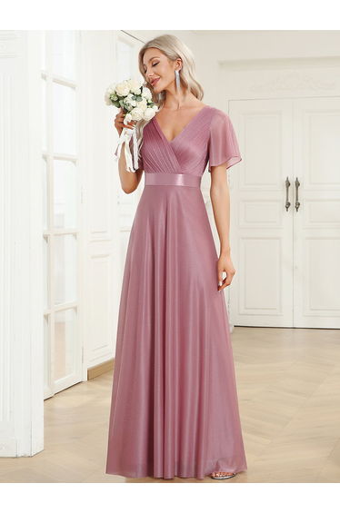 ever LIORÉ|Plus Size V Neck Ribbon Waist Formal Evening Dress With Sleeves