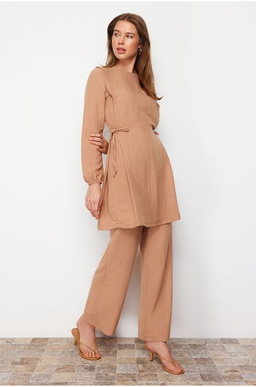 Camel Eyelet Tie Detailed Aerobin Tunic-Pants Set