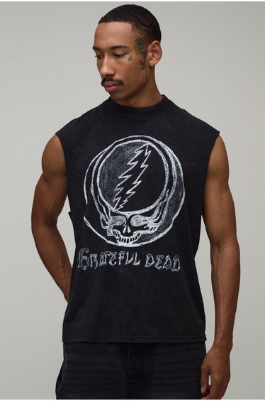 Oversized Grateful Dead Acid Wash License Print Tank - washed black