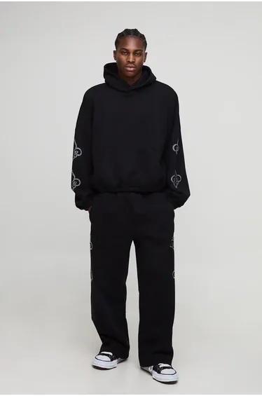 Oversized Embellished Batwing Hoodie and Wide Leg Jogger Tracksuit - black