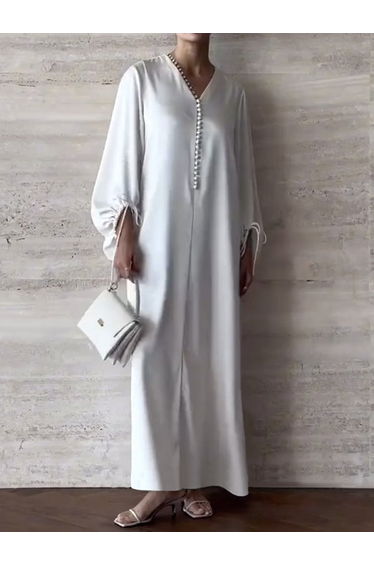 Loose Puff Sleeves Drawstring Solid Color Split-Joint V-Neck Maxi Dresses Shirt Dress