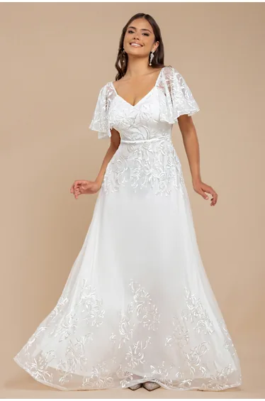 Goddiva Lace Flutter Sleeve Embroidered Mesh A-Line Maxi Dress - White