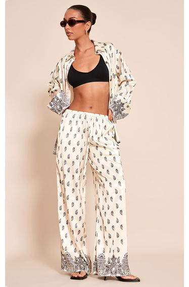 Cream Paisley Print Drawstring Extreme Wide Leg Trouser