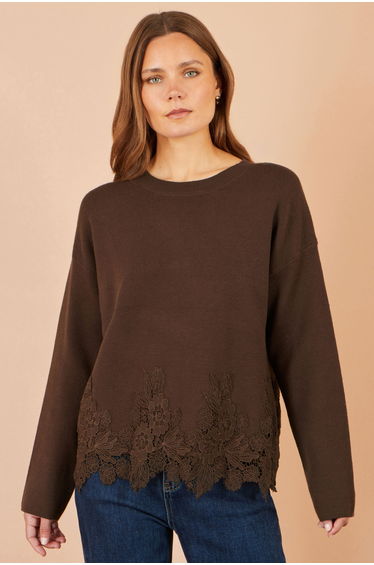 Yumi Brown Viscose Relaxed Jumper With Lace Trim