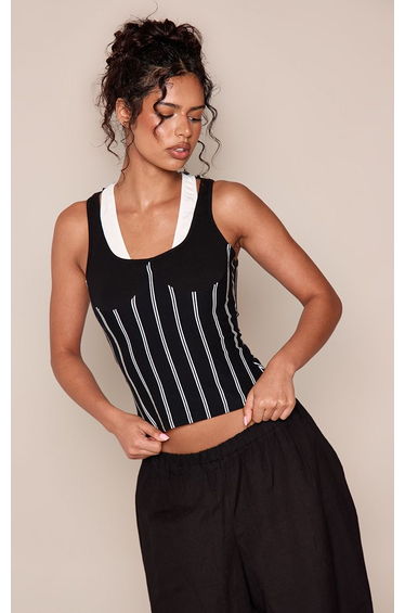 Black Double Layer Stripe Thick RIb Vest