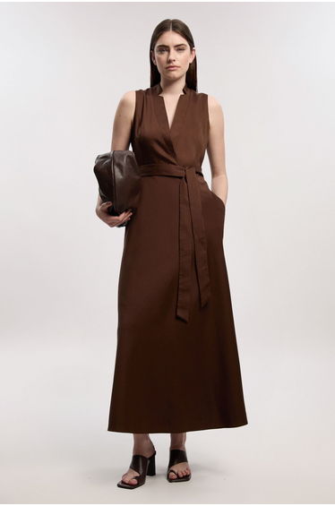 Tailored Linen Wrap Tie Waisted Maxi Dress