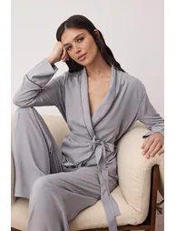 Gray plain shally woven pajama set - 1
