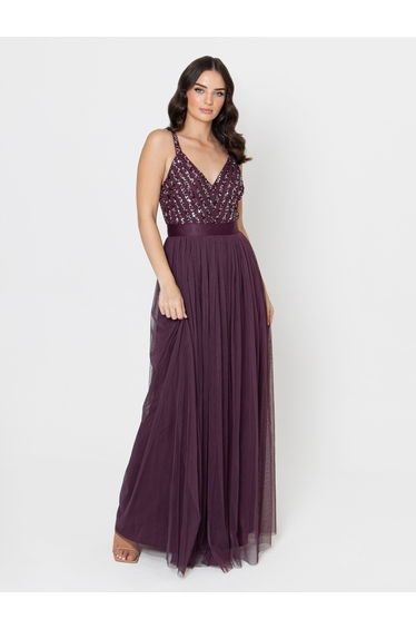 Maya Berry Sleeveless Stripe Embellished Maxi Dress
