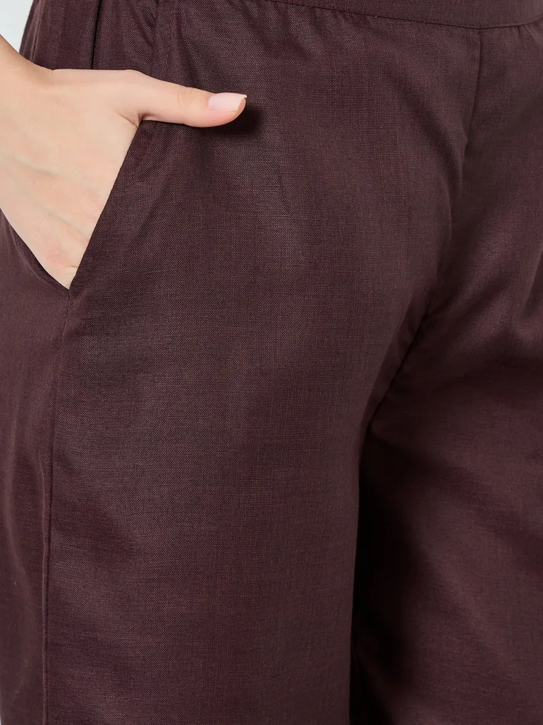 Women Brown Linen Blend Wide Leg Trousers - 2