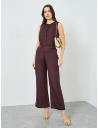 Women Brown Linen Blend Wide Leg Trousers