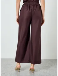 Women Brown Linen Blend Wide Leg Trousers - 3