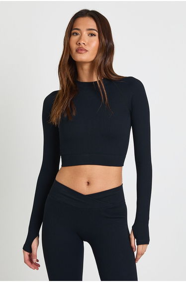 Contour Ribbed Seamless Cropped Long Sleeve Active Top - black