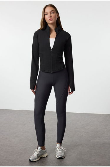Black Brushed Soft Reflective Print and Thumb Hole Detailed Knitted Sports Jacket