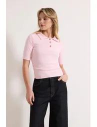 Pink Fitted/Bodycon Polo Neck Sleeveless Buttoned Premium Soft Knitted Blouse - 1