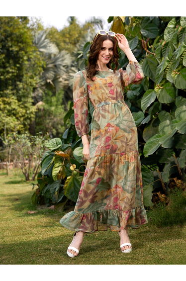 Tropical Print Cut Out Waist Maxi Dress