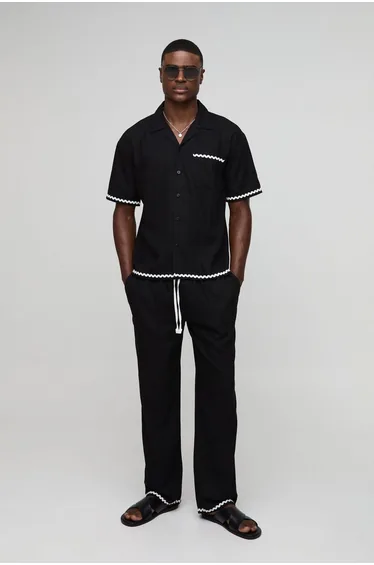 Oversized Contrast Trim Heavyweight Linen Shirt & Relaxed Trouser Set - black