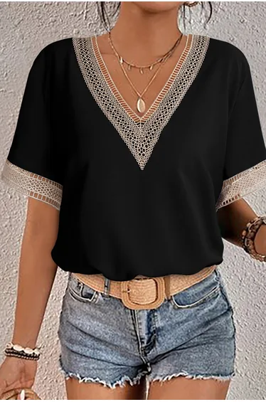 Lvness Black Lace Trim V Neck Short Sleeve Blouse