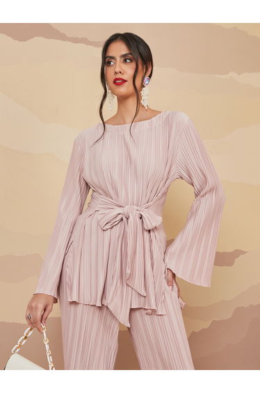 Pleated Flared Sleeves Tunic Top with Front Tie Up