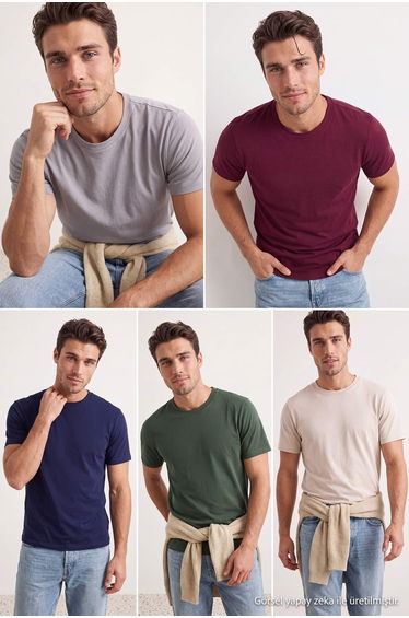 Grey-Navy Blue-Stone-Burgundy-Khaki 5-Pack Regular Fit Basic 100% Cotton T-Shirt
