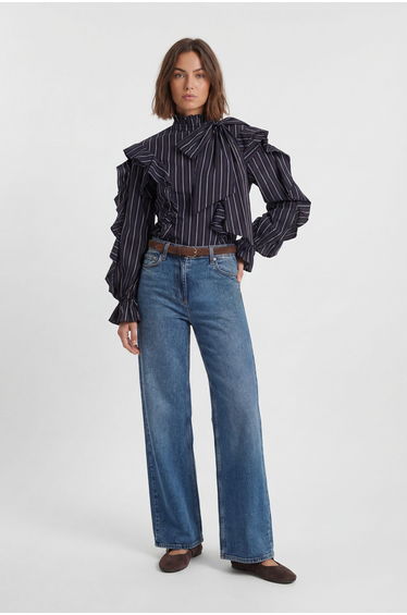 Ruffle Front Cotton Stripe Pussy Bow Blouse